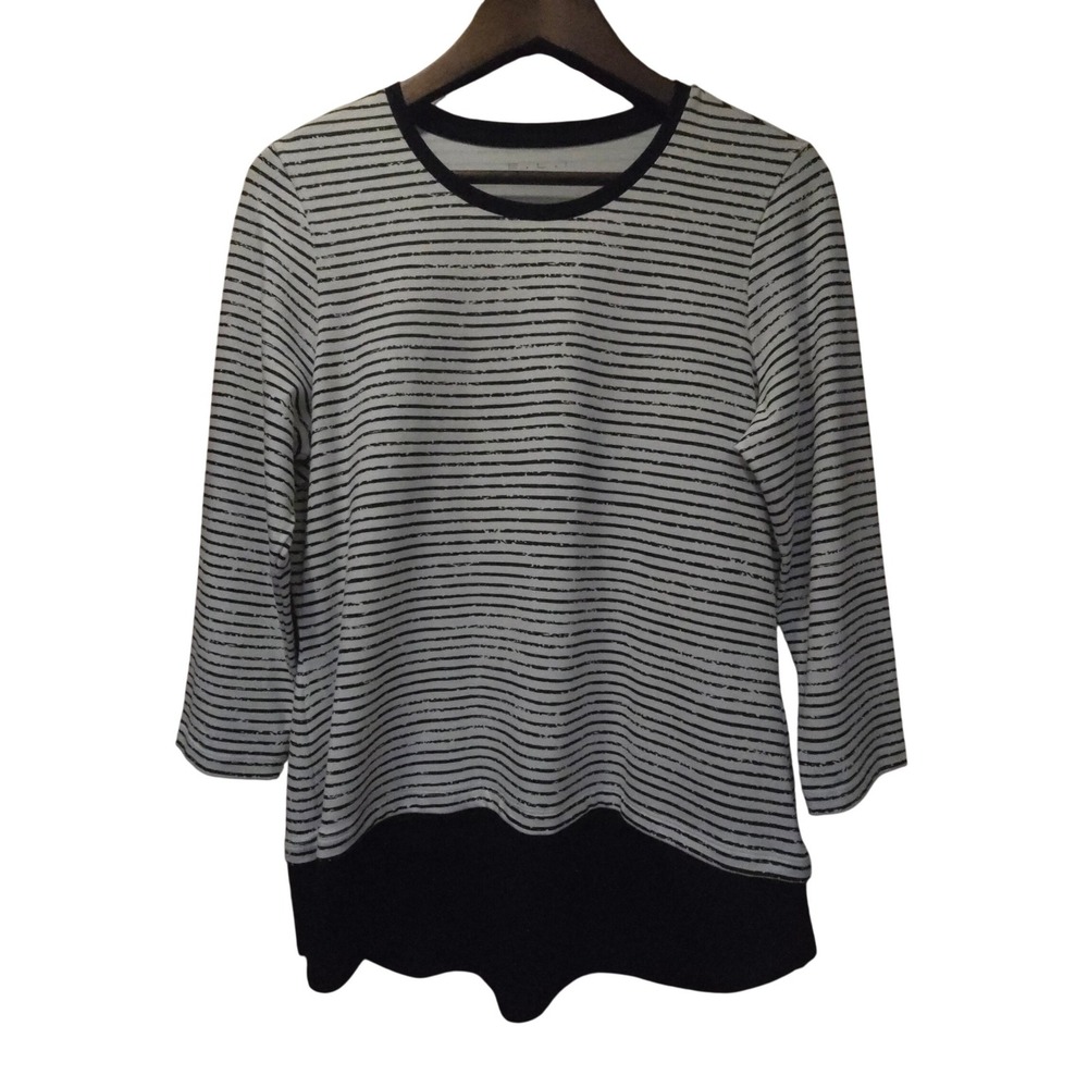 E.L.I. Womens Pima Cotton Striped 3/4 Sleeve Top Black White Size Medium NWOT